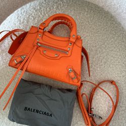 Authentic Balenciaga Orange Croc Mini Neo Classic Top Handle Bag