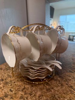 White and Gold Porcelain Tea Cup Set with Stand