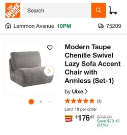 Brand New in Box- Uixe Taupe Chenille Swivel Armless Accent Chair