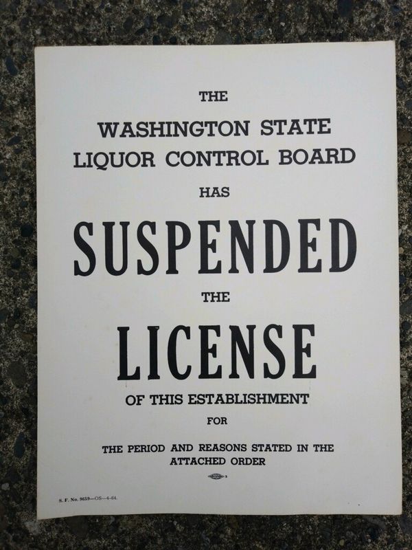 Vintage 1964 Washington State Liquor Control Board Has Suspended The