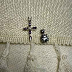 Set of 2 Sterling Silver Pendants Amethyst Cross Clear CZ Solitaire Marked 925