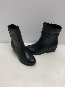 Women leather wedge hill boots black