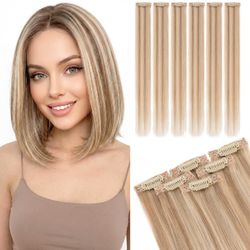 Pro 6 Piece Clip-In Human Hair Extensions Remy hair, shed-free, tangle-free Can be dyed darker