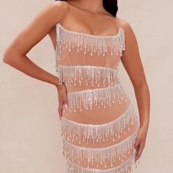 Nova Mini Women’s Dress with silver rhinestone fringe detailing.