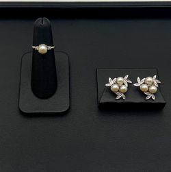 14k solid white gold Pearl 0.65CTW  Diamond Set of earrings & ring 6.5 size