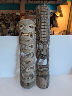 Vintage Hand Carved Wooden Tiki Mask Set Tribal Wall Art Polynesian Decor Pair