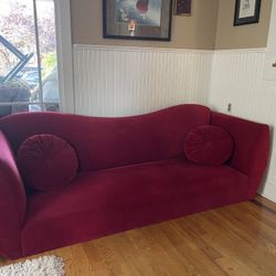 Gorgeous Long Red Velvet Hollywood- Sofa/ Couch- w/cushions- Blk Feet