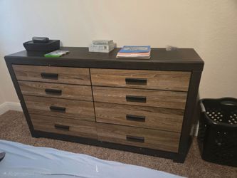 Bed, dresser with mirror, nightstand and chest
