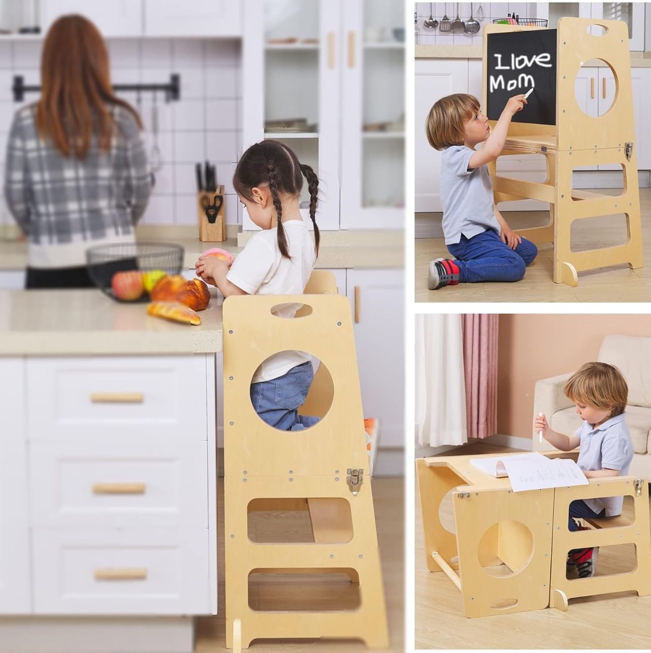 New Lora Dew 4-in-1 Montessori Learning Tower with Chalkboard and Safety Rail, Kitchen Helper Stool for Toddlers Folding Step Stools for K