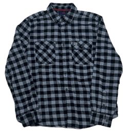 Perry Ellis America Flannel Button Down Shirt Men’s L Grey Black Plaid Pocket