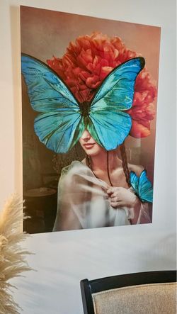 surreal butterfly-woman wall art printed on tempered glass
