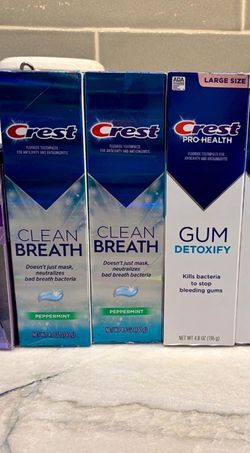 Crest Clean Breath Peppermint fluoride toothpaste boxes, each 4.6 oz OR Crest Pro-Health Gum Detoxify fluoride toothpaste 4.8 oz. New in box