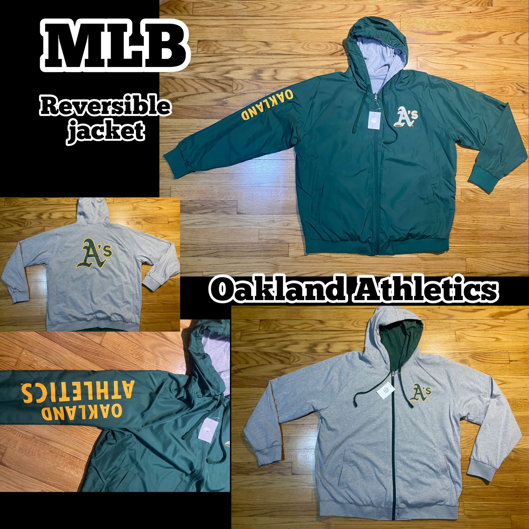 MLB Oakland Athletics Hoodie Reversible Hooded jacket Green & Gray Men’s Sz XXL 