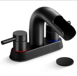 AKLFGN
4 in. Centerset Double Handle Waterfall Spout Bathroom Faucet with Pop-Up Assembly in Matte Black