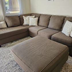 Modern L-Shaped Sectional Sofa with Ottoman – Great Condition, Neutral Brown