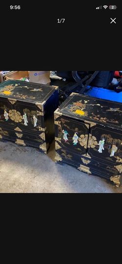 LOW PRICE MOVING- AS IS $8000 RETAIL ANTIQUE CHINESE LAQUER NIGHT STAND PAIR