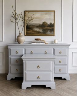 🌿🤍 61.5” LIGHT GRAY SOLID WOOD BEDROOM SET | DRESSER + NIGHTSTAND ✨