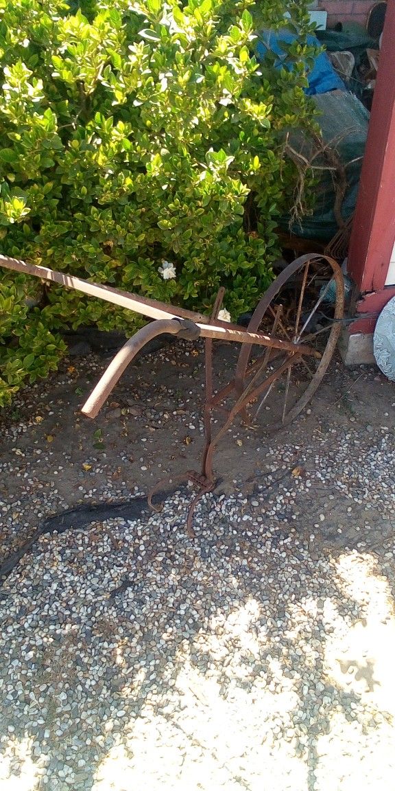 PUSH PLOW 1800's Era Antique Cultivation Manual Tractor Tiller Iron Wheel Wheels Farming Crops Field Garden Soil