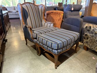 French Louis XV Style Carved Wingback Bergère Chair with Ottoman