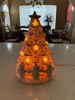Vintage Ceramic Christmas Tree Lighted Santa Snowmen Star Cutouts 9”