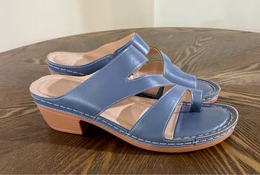 Blue Faux Leather                     Wedge Toe Loop Sandals Size 9.5 Blue Leather Slip-On Heeled Sandals Size 10
