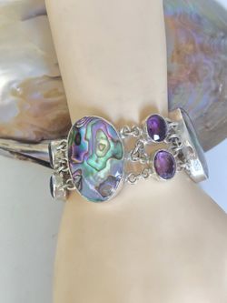 Gorgeous Vintage Sterling Silver Pink Abalone and Amethyst Statement Bracelet