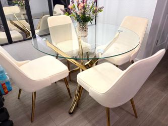 Round Glass Dining Set Gold Four Chairs