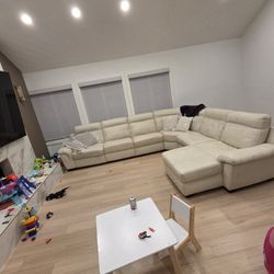 Cream Leather Couch Sectional With Two Automatic Recliners