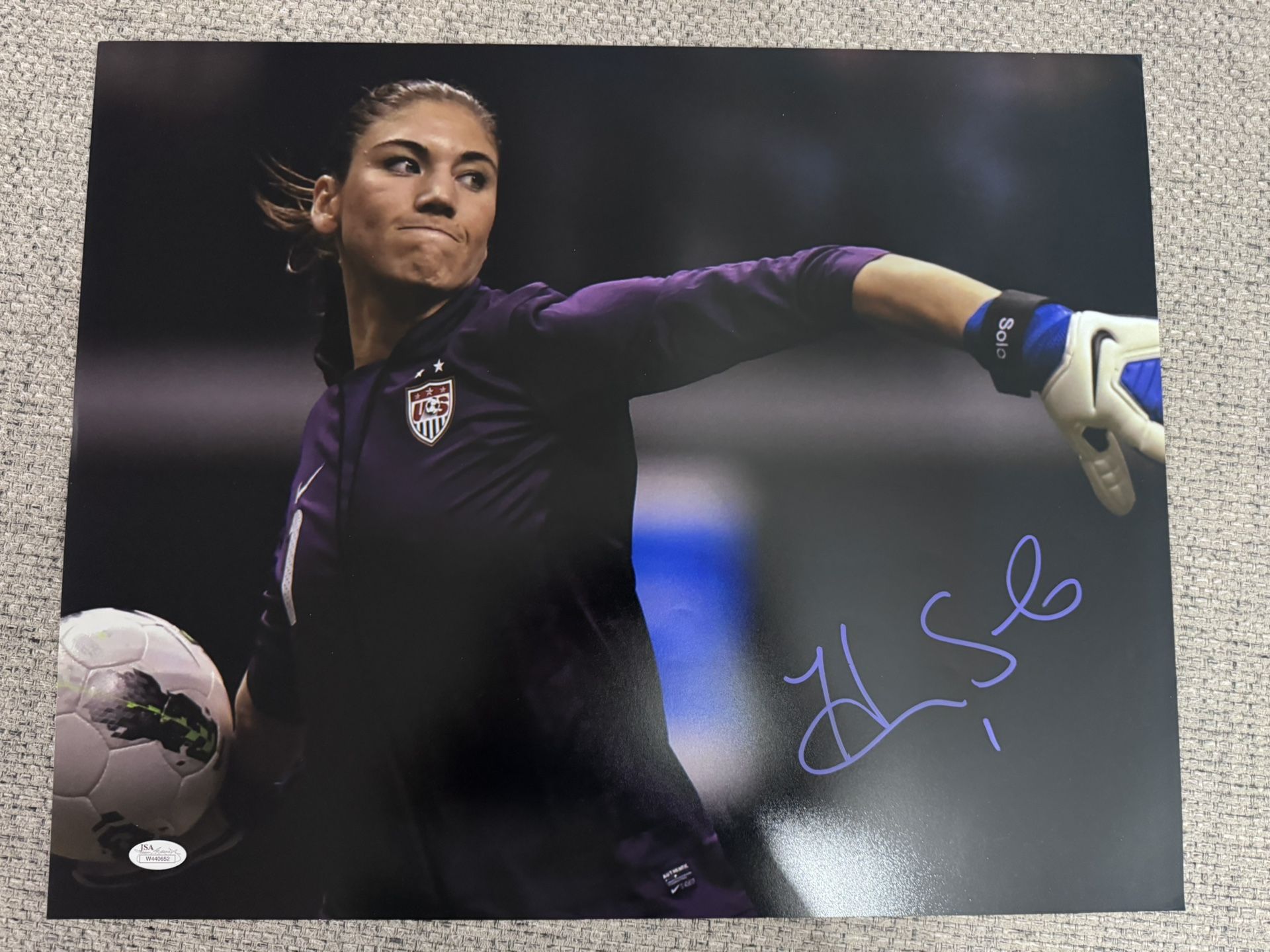 Hope Solo Autographed/Signed USA Soccer 16x20 Photo - JSA Sticker- Corner damage