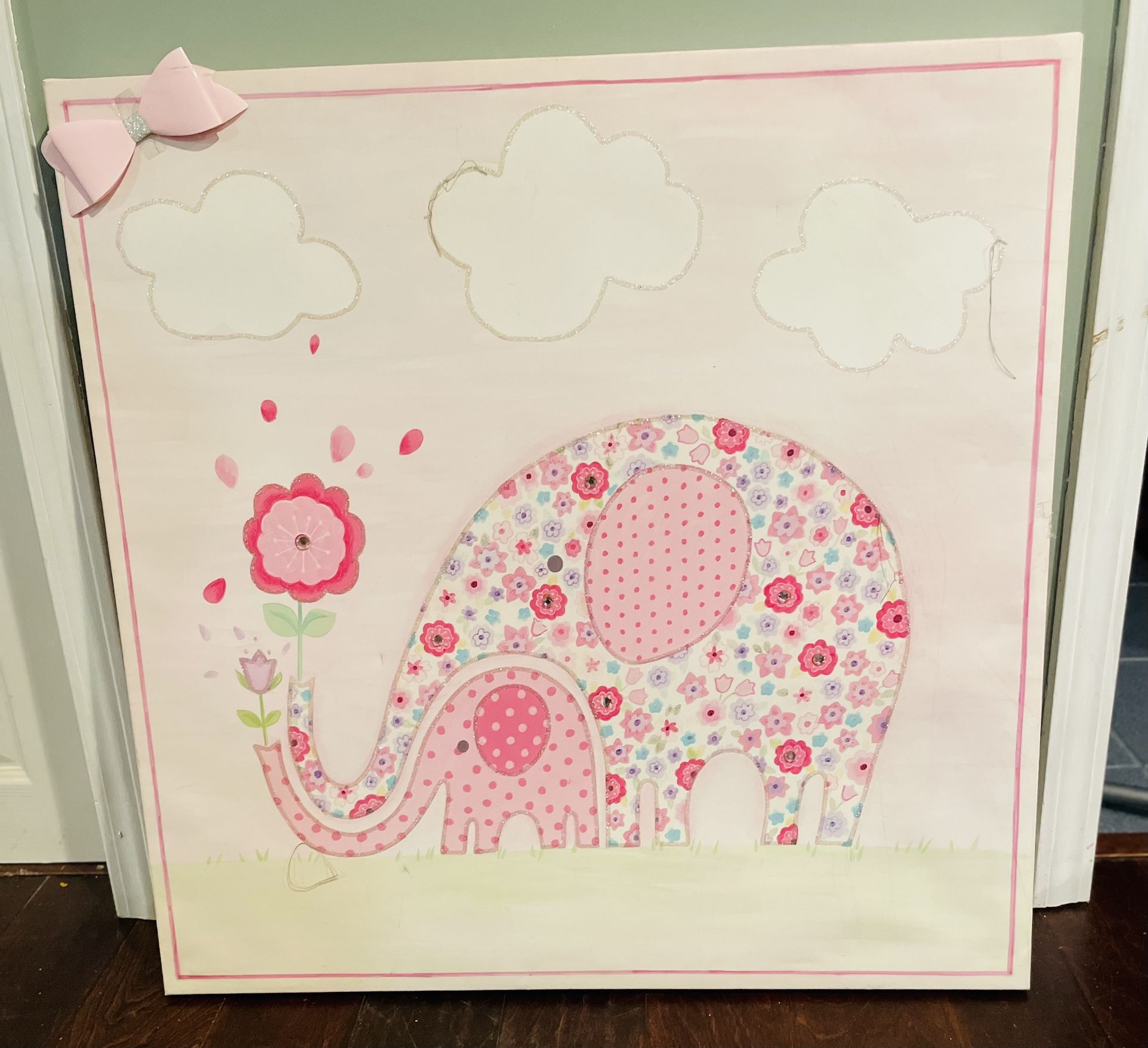 Girl’s Nursery/Bedroom Decor: Floral Momma and Baby Elephant with Clouds and Actuals Ribbon and Jewels; Size: 30”H x 30”W x 1.5”D; Square Shape