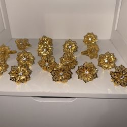 Juego de 12 anillos de servilleta con forma de flor, hebilla de metal dorado para servilletas de tela y servilletas de papel para cenas, bodas, Día de