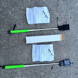 Two green selfie sticks, waist baskets, 2 weight belts,  Bike helmet,  Garden rakes, Cleaning Supplies!
