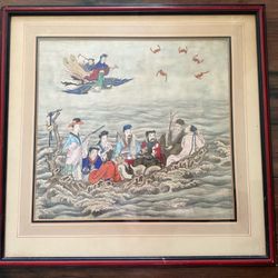 Antique Chinese Watercolor Painting in Frame The Immortals Crossings the Sea
