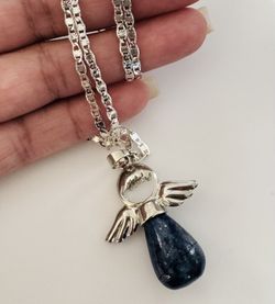 Blue natural stone Angel Necklace. Silver plated. New