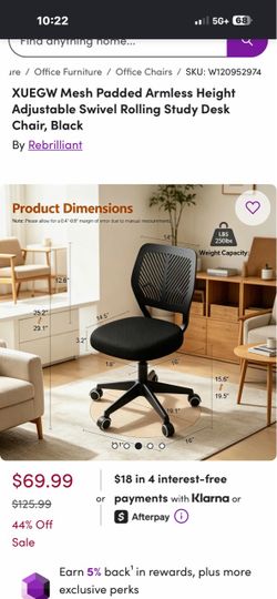 XUEGW Mesh Padded Armless Height Adjustable Swivel Rolling Study Desk Chair, Black