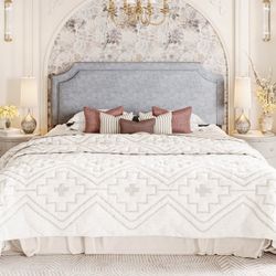 Queen Bed Frame Chenille Upholstered Platform Bed with Notched Adjustable Headboard, No Box Spring Required, Gray