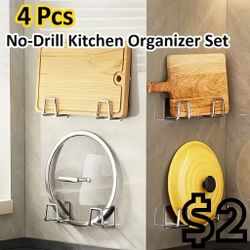 [NEW] 4 Pcs Adhesive Hooks - Pot Lid & Cutting Board Holde