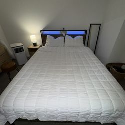 Queen Bed Frame with LED Lights and Charging Station