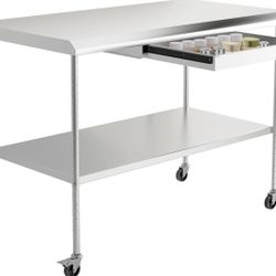 48 × 24 Inch Stainless Steel Prep Table with Drawer, Utility Bench for Kitchen, Garage, Laundry Room, Work Table for Residential and Commercial Use Br