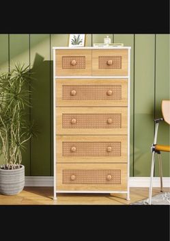 6-Drawer Tall Dresser with Rattan Front