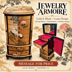 Vintage Asian-Style Jewelry Armoire — Gold & Black Crane Design — $1,000