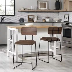 Set of 2 - 25 in. Brown High Back Cushioned Counter-Height Bar Stool