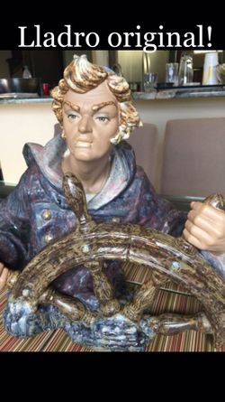 LARGE! vintage (1976) Lladro porcelain figurine in their Gres glaze finish, model #1325 depicts a seaman at the helm, with the ship's wheel in his ha