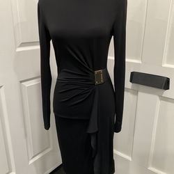 MICHAEL KORS DRAPED FAUX WRAP LONG SLEEVE DRESS WITH A GOLD BUCKLE DETAIL