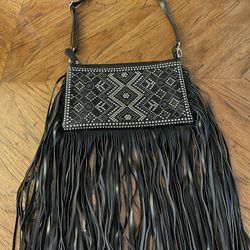 Black studded Fringed Faux Leather Imoshion Shoulder or Crossbody Bag