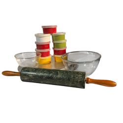 Vintage Federal Glass Mixing Bowls + Marble Rolling Pin + 9 Ramekins w/ Lids Baking Lot