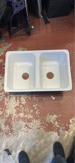 Vintage Mid Century Cast Iron Porcelain Double Basin Kitchen Sink