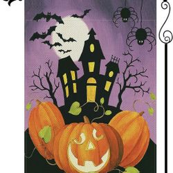 Happy Halloween Castle Garden Flag Ghost Pumpkin Garden Flag Bat Spider Vertical Double Sided Rustic Farmland Burlap Yard Lawn Outdoor Decor 12.5x18

