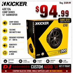 Kicker C12 Bass Speaker Comp Series 12" 4-Ohm Subwoofer 300 Watts 43C124 🚨 Payment Options Available 🚨 No Credit Needed 🚨