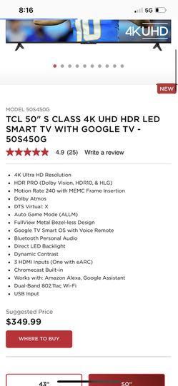 TCL 50 S Class 4K UHD HDR LED Smart TV with Google TV - 50S450G